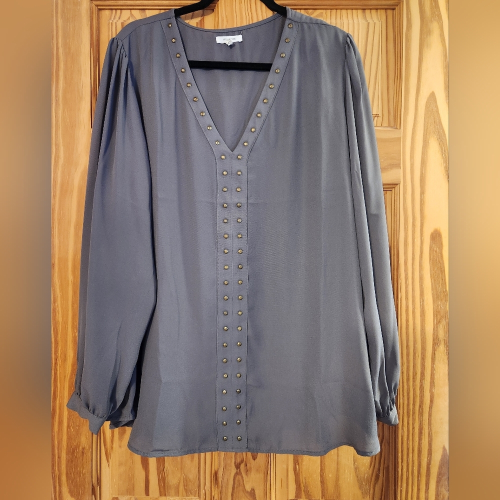 Gray V-Neck Blouse with Studded Detail